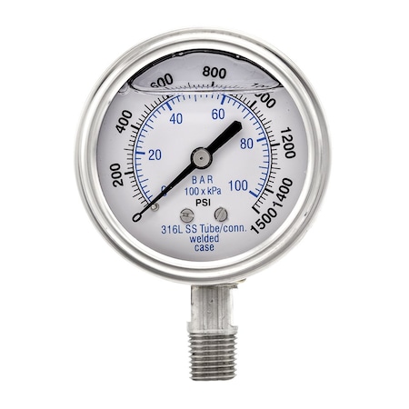 Pic Gauges 2 1/2 in Dial, 1/4 in NPT Male Lower Location, Stainless Steel Case Material PRO-301L-254N-01